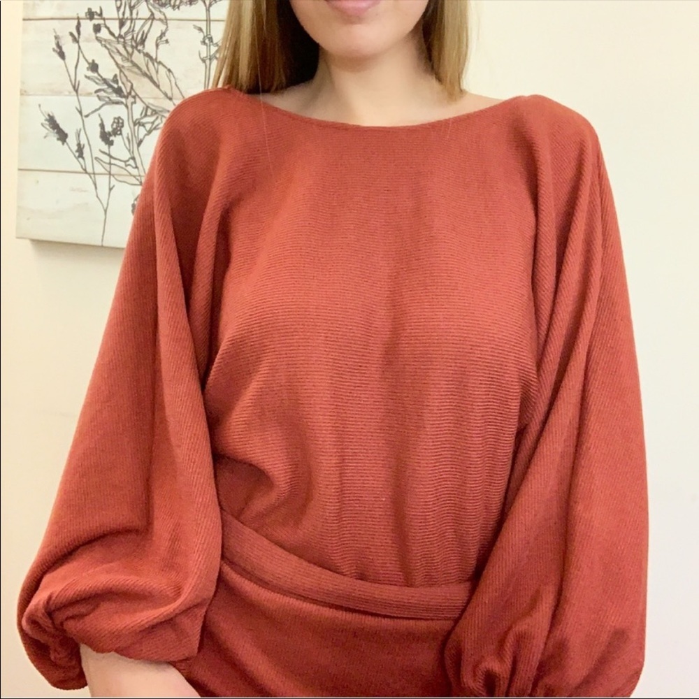 Open Back Tie Long Sleeve Mini Dress Sweater - Picture 5 of 8